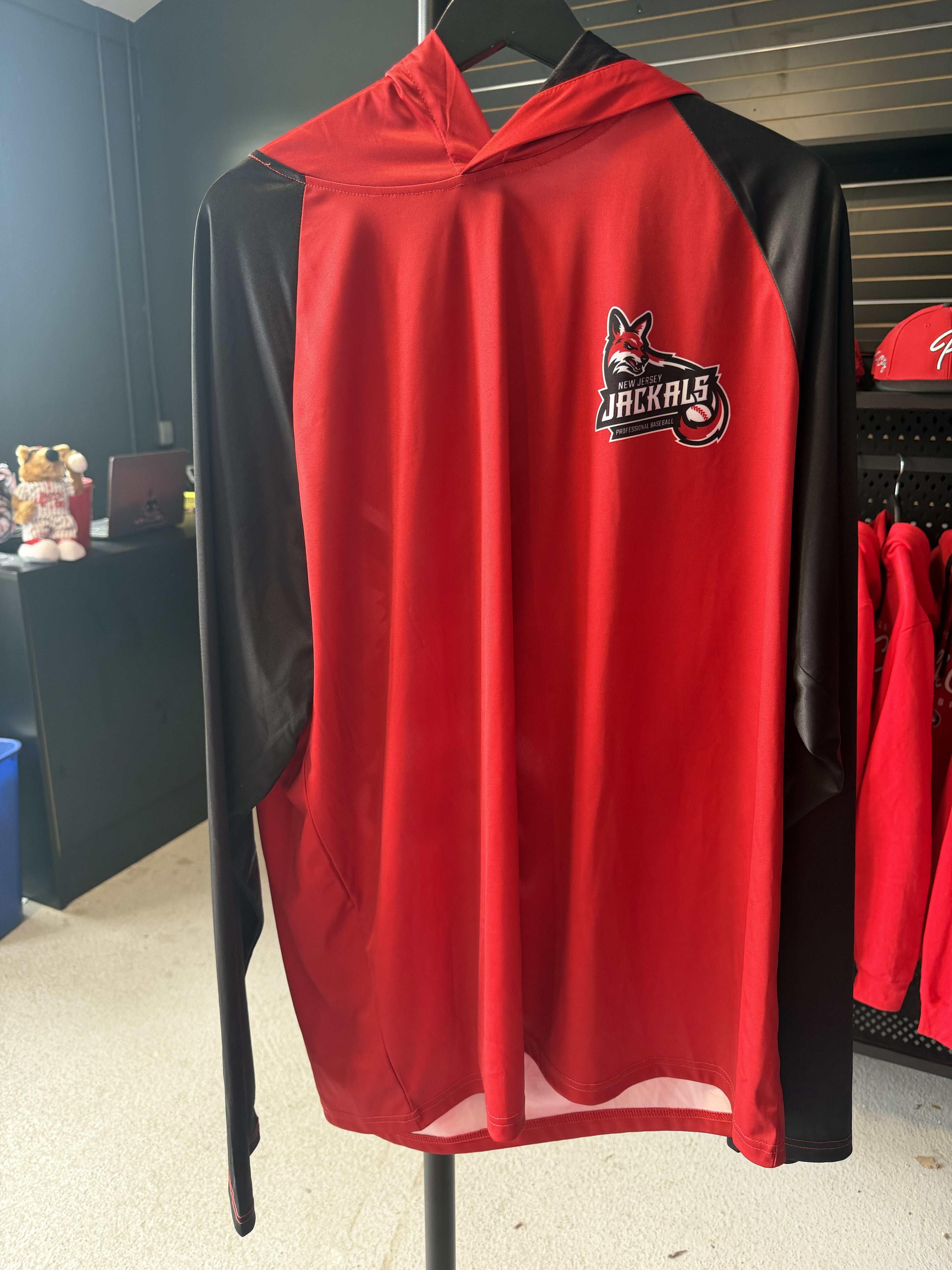 Jackals Red and Black NJ Jackals Athletic Long Sleeve with Hood