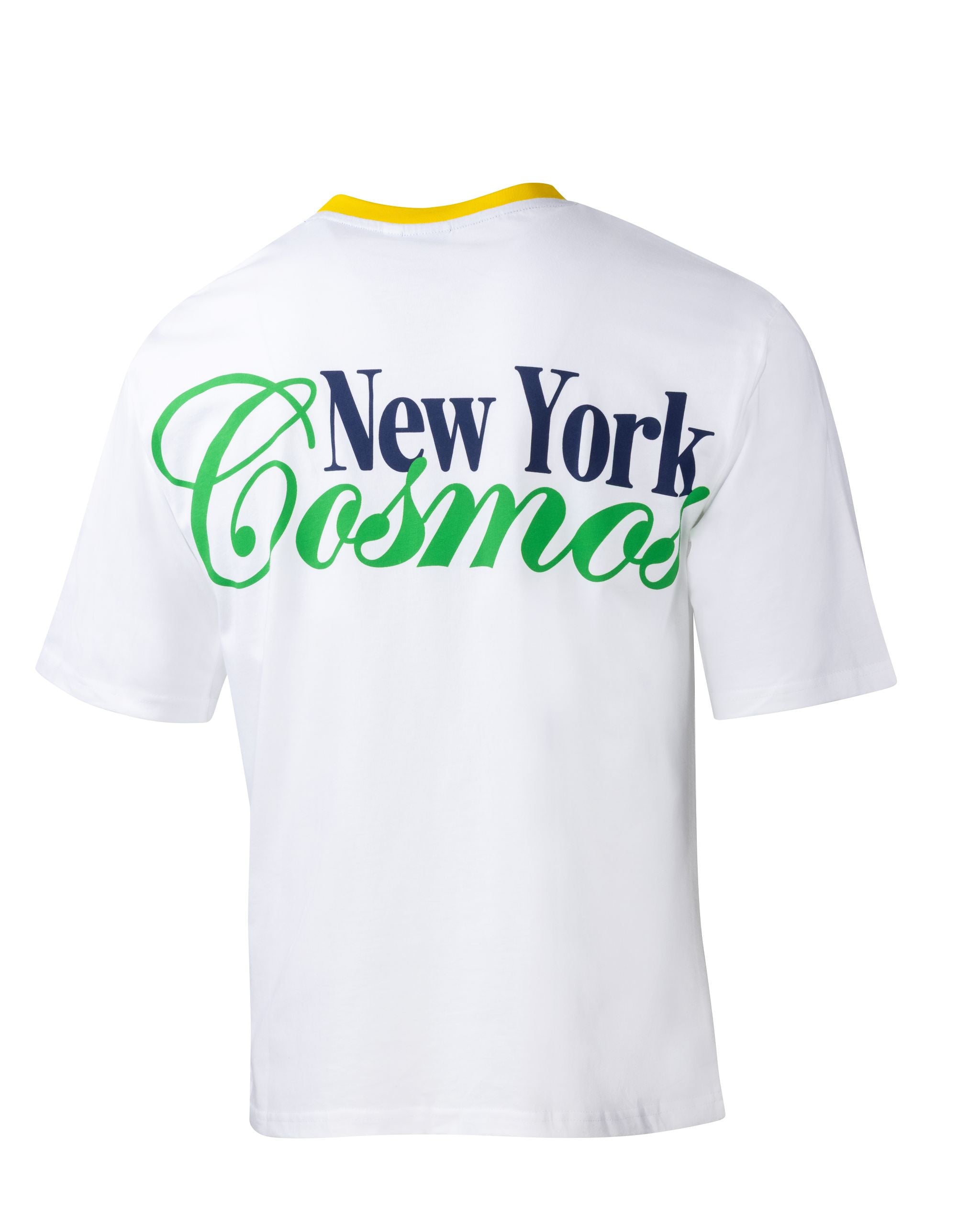 New York Cosmos white t-shirt front with embroidered chest logo