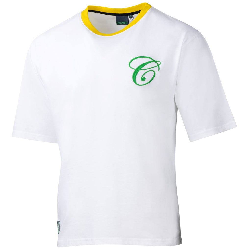 New York Cosmos white t-shirt front with embroidered chest logo