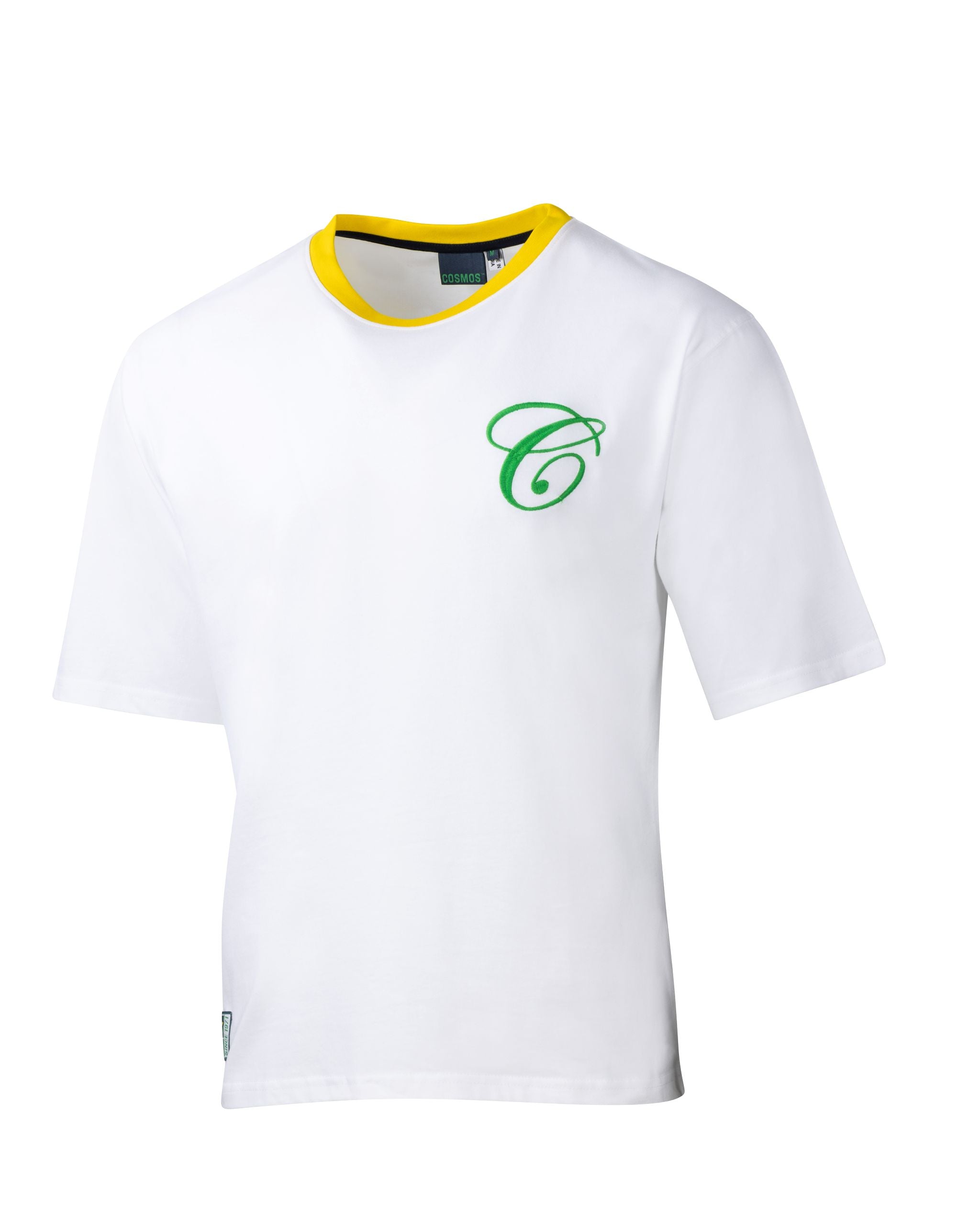 New York Cosmos white t-shirt front with embroidered chest logo